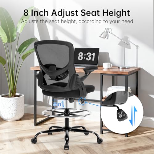 Image of Drafting Chair Ergonomic Comuputer Standing Desk Chair with Flip-Up Arms and Lumbar Support, Tall Office Chair with Adjustable Footrest, Stool Counter Height Office Chairs Black