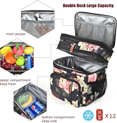 Image of MIYCOO Lunch Bag & Lunch Box for Women Men, Double Deck Leakproof Insulated Soft Large Adult Camping Cooler bag for Work, Beach, Picnic, Travel (Flower, 15L)