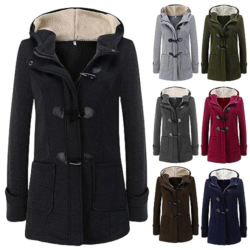 Womens Winter Coats Fleece Sherpa Lined Duffle Coat Horn Button Jackets Thicken Warm Outerwear Vintage Solid Outwear3