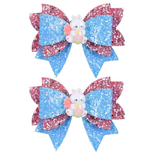 Easter Hair Bow Clips 3.5 Inch Sparkly Glitter Bunny Hairpins Handmade Cute Rabbit Hair Accessories for Teens Girls, Blue&Pink