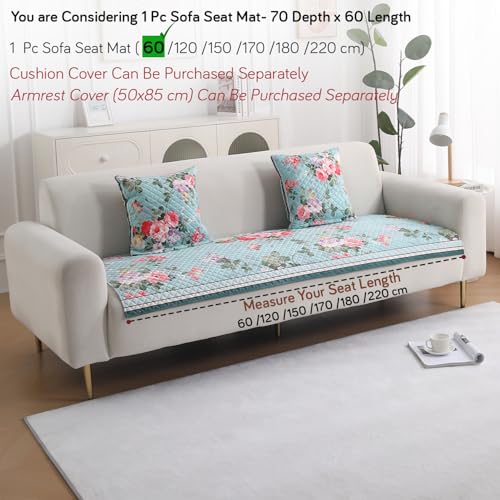 Image of HOKIPO 'LiefNest' Holland Velvet Sofa Cover Mat with Foam Filling for 1 /2 /3 Seater & L-Shape Sofa. Make Your Own Sofa Cover Set, Mat Size: 60(L) cm, Fresh Floral Pastel Blue (IN-821-D3)