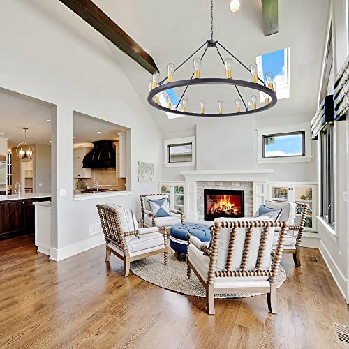 Wellmet Black Gold Wagon Wheel Chandelier 47 inch, 16 Lights Modern Farmhouse Extra Large Round Pendant Light Fixture Rustic Industrial Country Style Lighting for Dining Room, Living Room, Foyer - Image 5