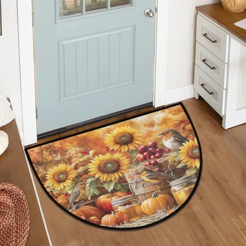 Image of cfpolar Half Round Door Mat Autumn Pumpkin Sunflower Bird Non-Slip Semi Circle Area Rug Washable Half Moon Hearth Rugs for Indoor Outdoor Bathroom Kitchen Patio Runner Mat Laundry Room Home Decoration