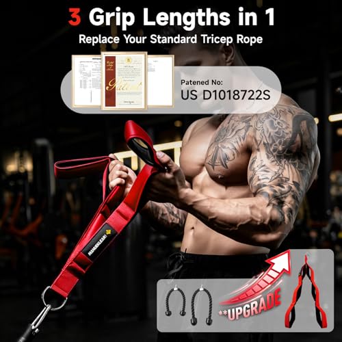 Image of MANUEKLEAR 24-Inch 3-Grip Tricep Rope Cable Attachment for Gym Greater ROM