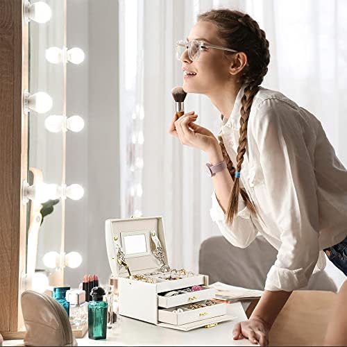 BalladHome Jewelry Storage Box Faux Leather Jewelry Box Built-in Mirror, Lockable, Compact Size, Makeup,and Accessories Storage, Birthday Gift, & Wedding Gift (White)