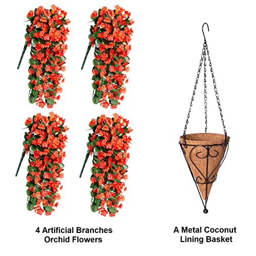 Mjfloria Hanging Baskets With Artificial Flowers, Fake Silk Hanging Basket Orchid Flowers Plants, Faux Flower Centerpieces, For Home Decoration Indoor Outdoor Landscaping (Orange) #TOP4