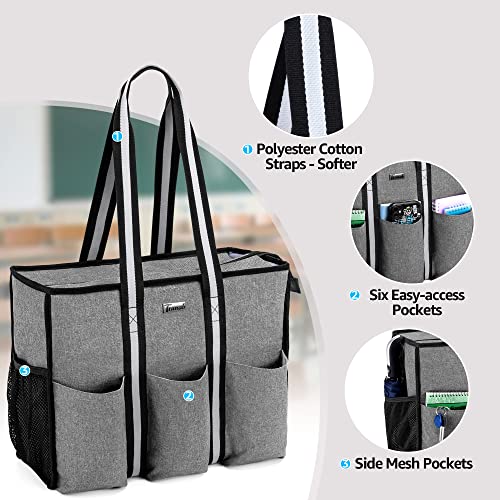 Trunab Teacher Utility Tote Bag With Multiple Pocket And Large Compartment For Up To 15.6” Laptop, Zip Top Carrying Bag For Working Women, Travel, School, Office, Craft, Grey #TOP1