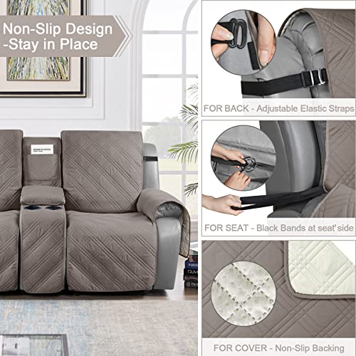 Image of TAOCOCO Waterproof Recliner Sofa Cover with Center Console, 3 Seater | Non Slip & Washable Reclining Couch Cover for Dogs & Pets, Split Reclining Chair Covers with Straps & Pockets, Light Brown