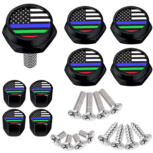Dsycar License Plate Screws with Black American Flag Sticker for Securing License Plates, Frames and Covers on Cars and Trucks & Bonus 4 Anti Theft American Flag Valve Stem Caps (Black Colorful)