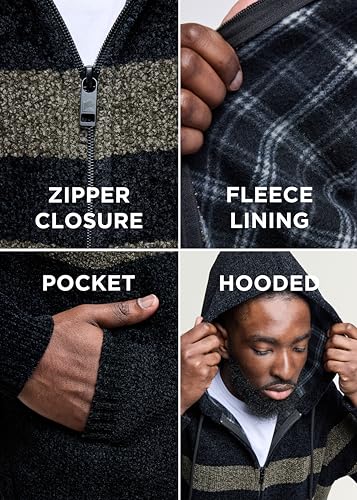 CULTURA AZURE Mens Zip Up Plaid Lined Knit Cardigan Hooded Sweater, Full Zip Classic Fit Sweater with Stripes & Lining4