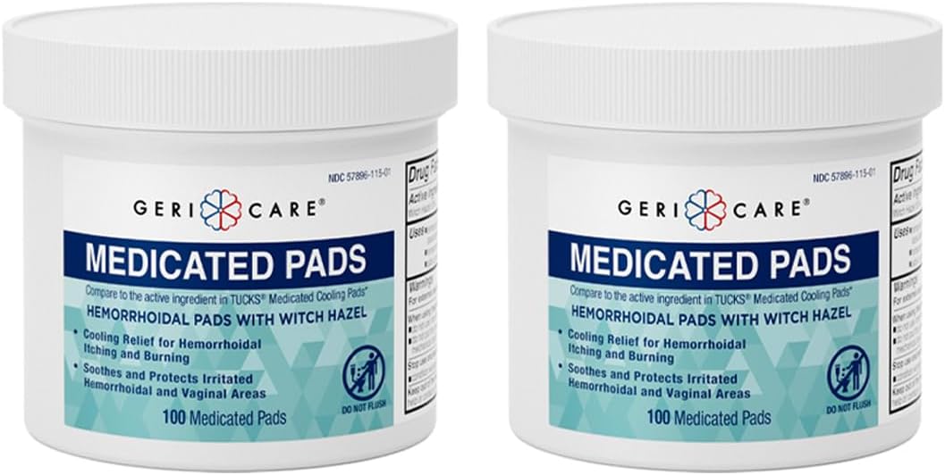 GeriCare Medicated Cooling Pads with Witch Hazel, for Soothing Itch, Discomfort and Burning, Pre-Moistened Pads Ideal for Sensitive Areas, 100 Count (Pack of 4)
