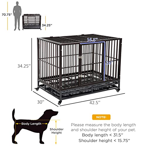 Pawhut 42" Heavy Duty Dog Crate Metal Cage Kennel With Lockable Wheels, Double Door And Removable Tray, Brown #TOP2