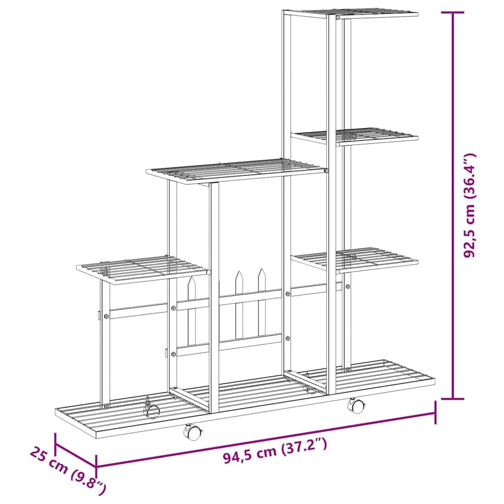 Blumenständer auf Rollen Metall schwarz 94,5x25x92,5 cm mit vier Rollen, Pflanzenständer und Blumentreppe für Balkon Terrasse Indoor, stabiles Pflanzregal als Deko Display und Aufbewahrung