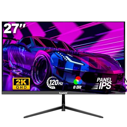 Gawfolk Gaming Monitor 27 Zoll QHD, 2K IPS PC Bildschirm 120Hz, 2560×1440P, FreeSync, HDMI, DisplayPort, VESA 75 * 75mm, Schwarz