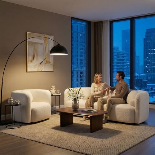 Image of Curved Sofa Set for Living Room, 3-Seater Upholstered Boucle Fabric Modern Sofa Set of 2 Piece Couch Set Rectangular Sofa with Oversized Single Sofa Chair Modern Sofa Set Home Bedroom Office White