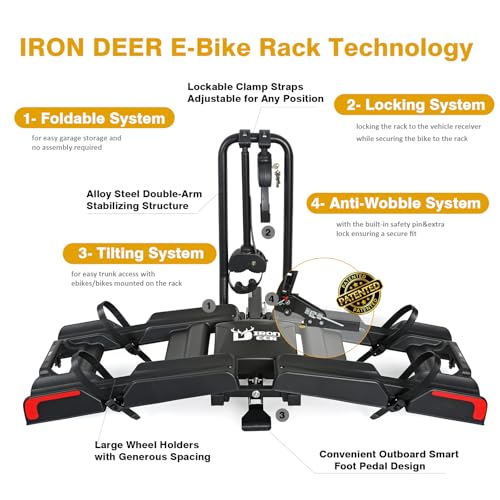 Eco Pro Upgraded 200lbs EBike Rack with Ramp for 2 E-Bikes, Hitch EBike Rack for Cars SUVs Trucks, Foldable Tilting Bike Rack Platform for Tow Hitch 2" Receiver, E-Bike Carrier Fits up to 5" Fat Tire