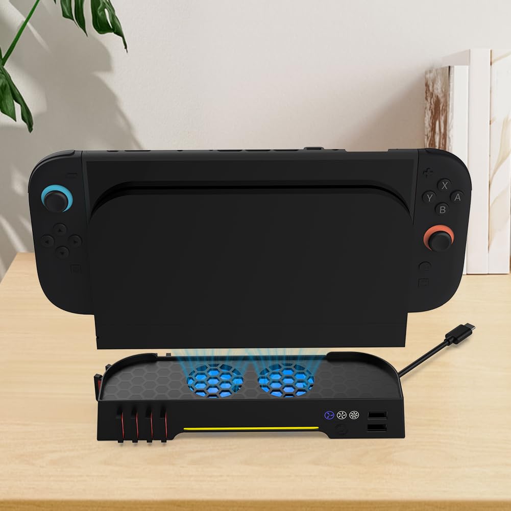 Soporte de refrigeración portátil para Switch2 con ventiladores RGB y almacenamiento para tarjetas de juego