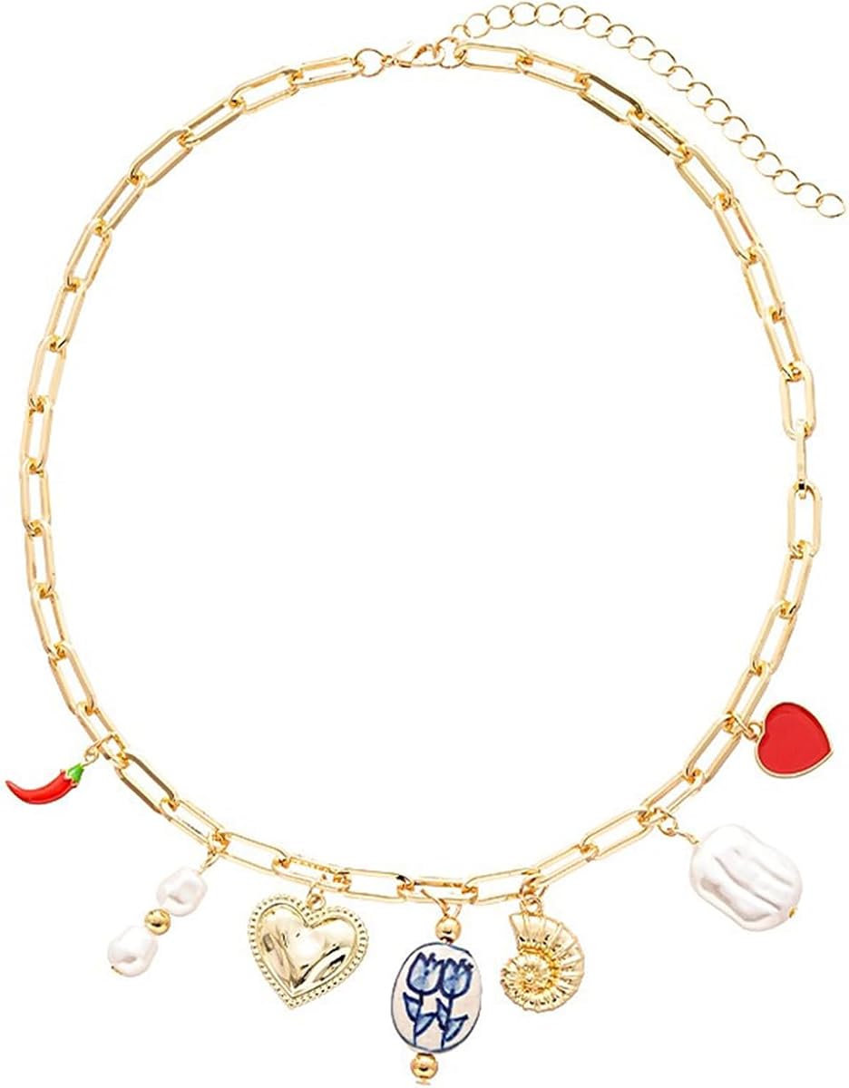 Gold Charm Necklace for Women Summer Charm Necklace Trendy Heart Pearl Flower Conch Pepper Pendant Necklace Paper Clip Choker Necklace Beach Jewelry Gifts