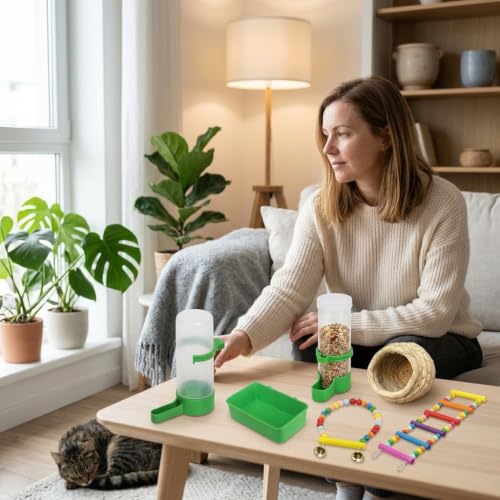 JWQFBC Vogelkäfig Zubehör für Wellensittiche & Vögel- Wassertränke, Futterspender & Spielzeug aus Naturmaterialien, Tränke + Futterspender (mit Futterzubehör)-4