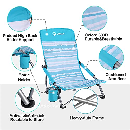 Villey Low Beach Chairs For Adults 2 Pack, High Back Folding Beach Chairs, Lightweight And Portable For Outdoor, Beach, Camping, Lawn, Music Festival, With Cup Holder And Carry Bag-Blue Stripes #TOP4