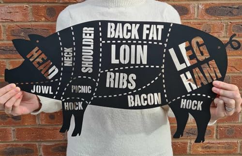 Image of Pig Butchers Diagram Plaque | Steel BBQ Sign | Pork Cuts Wall Art | Kitchen Decor | Butcher Chart | Farmhouse Wall Hanging | Fixings Included