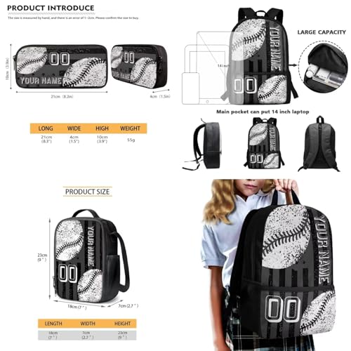 Name Customized Schoolbag Set Baseball Print Bookbag Set with Lunch Box, American Flag Print Backpack and Pencil Case Set for Nursery Primary Middle, Back to School Supplies4