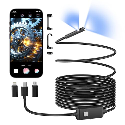 Dual-Lens Endoscope Camera with Light, 1920P HD Borescope Inspection Camera with 8+1 Adjustable LED Lights, IP67 Waterproof Endoscope with 16.4FT Semi-Rigid Snake Cable for iOS and Android