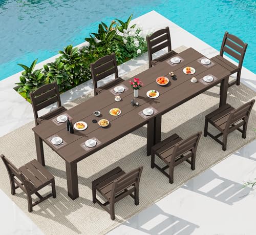 Image of SERWALL 59 inch Patio Dining Set for 8, HDPE Dining Set, Coffee | Include 2 Rectangular Tables and 8 armless Chairs, All Weather Dining Sets for Garden, Backyard