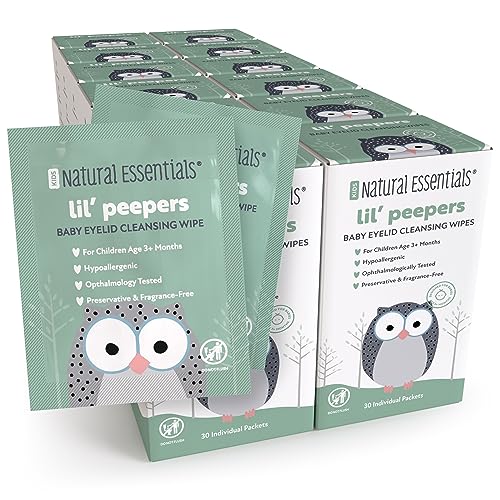 Natural Essentials Lil' Peepers Baby Eye Wipes and Eyelid Cleanser, Preservative-Free & Rinse-Free, Pediatrician Recommended Hypoallergenic Soft Eyelid Wipes for Babies, Kids & Adults, 30 Ct (12 pk)