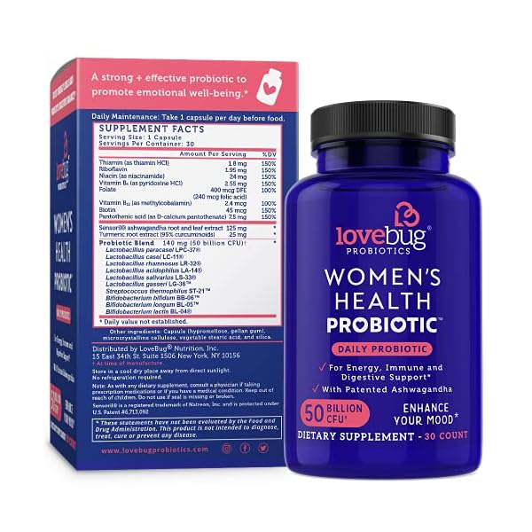 Lovebug Probiotics Tägliches Probiotikum für Frauen, 30 verzögerte Probiotika-Kapseln mit Ashwaganda, Kurkuma und B12… – Bild 3