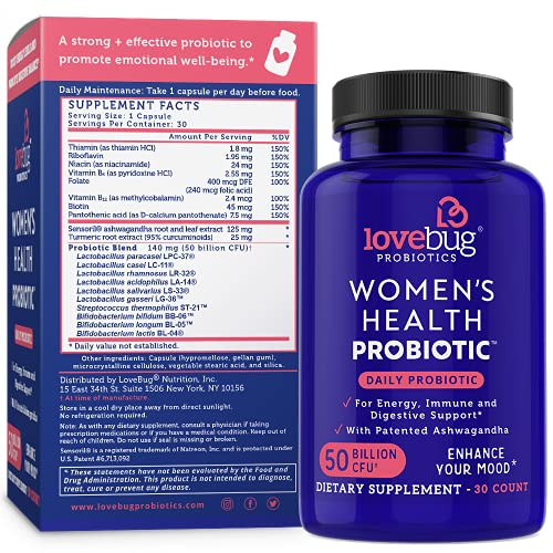 Lovebug Probiotics Tägliches Probiotikum für Frauen, 30 verzögerte Probiotika-Kapseln mit Ashwaganda, Kurkuma und B12… – Bild 3