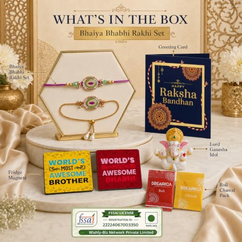 Image of Dreamica Designer Bhaiya Bhabhi Rakhi Set, Lord Ganesha Idol Showpiece, Fridge Magnet, Greeting Card and Tilak Set | Best Rakhi Gift for Brother