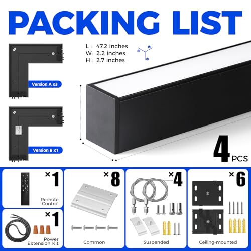 Barrina 5568 Remote Series LED Linear Lights Square Set 5FT x 5FT, 2nd-Generation, 216W, 21600LM, Seamless Connection, 3000K-6000K Color Changing, Suspended Shop Office Lighting with Remote, Black by Barrina - Image 8