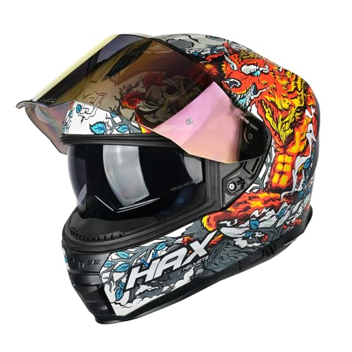 Image of HAX Force Aerodynamic Full Face Motorcycle Helmet for Street Bike DOT & ECE | Night Legend Red XL, Glow-in-the-Dark, Enhanced Dual Visor, Adult Size, Quick Release Buckle, Pinlock /Bluetooth Ready