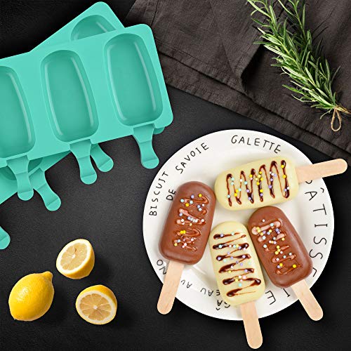 Fimary Large Popsicle Molds Set with Lid, 4 Cavities Homemade DIY Ice Pop Molds Oval, Food Grade Silicone Molds for Kids & Ault, with 50 Wooden Sticks (1, Mint Green)