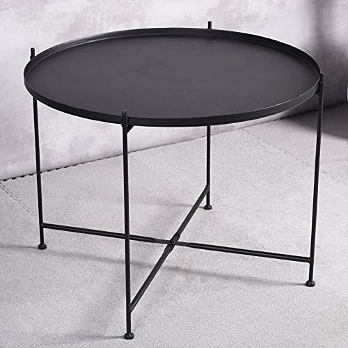 Lisuden Sofa Round Side Table,Tray Metal End Table,Folding Accent Coffee Table,Waterproof And Anti-Rust Outdoor&Indoor Snack Table,(H) 21.65'' X (D) 27.6'',Black (Black) #TOP4
