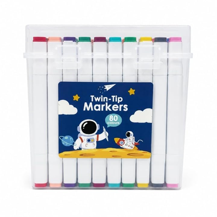 Image of Twin-Tip Marker Pens Set | Dual Tip Art Markers with Fine & Broad Nibs | Assorted Color Sketch Pens with Storage Case for Drawing, Coloring, School Projects, Kids & Adults (Pack Of 80)