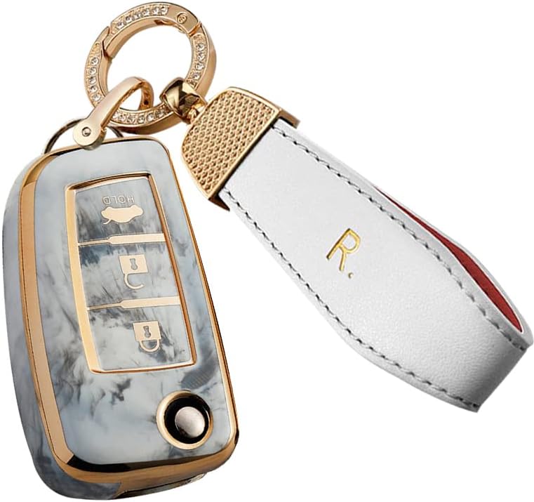SANRILY 3 Button Flip Key Fob Cover for Nissan Rogue S Rogue Select/Sport, Qashqai Tiida Sylphy Frontier Keyless Golden-Edge Jade Pattern Key Case Shell with Keychain Gray