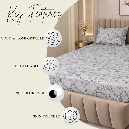 Image of THEA Elastic Fitted Double Bedsheet Set| 100% Cotton Like Soft Fabric | Double Bedsheet for Double Bed (72 X 78 x 6 inches) with 2 Pillow covers,Silver Grove