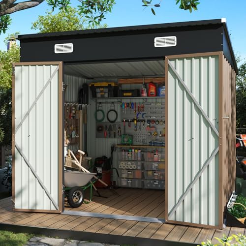 Aoxun 8x6 ft Galvanised Steel Tool Shed, 225x191x193 cm Heavy Duty Metal Garden Storage with Sloping Roof & Vents, Secure Outdoor Bike Store for Backyard, Allotment & Garden