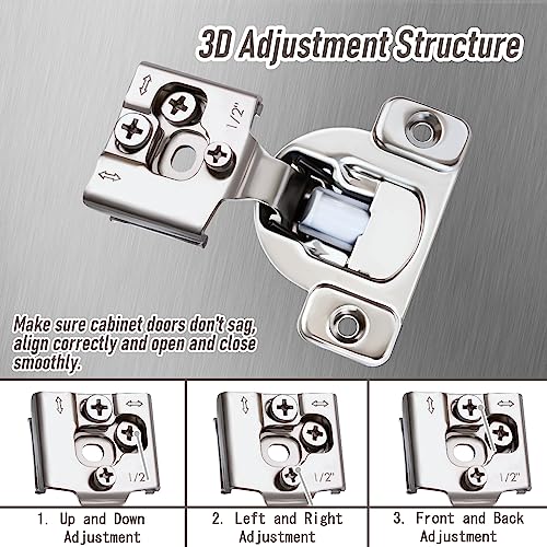 Soft Close Cabinet Hinges, HTCELLE 50 Pack 25 Pair 1/2 inch Overlay Self Slow Closing Door Hinges for Kitchen Cabinets, Face Frame Cabinet Concealed Hinges with Built-in Damper, 3 Way Adjustability