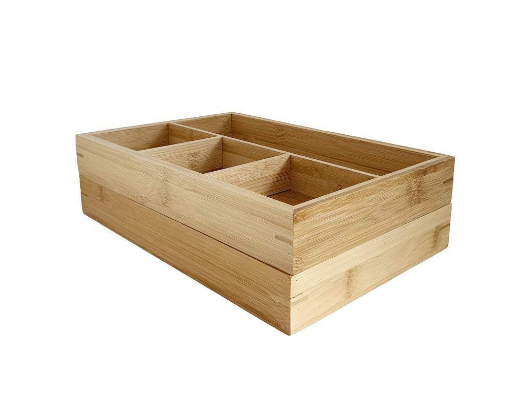 Two Compartment Bamboo Wooden Drawer Dividers - Multifunctional Draw Organizer Cutlery Tray Wood Serving Tray Storage Box Dual Pack