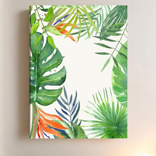 Image of PAINTINGMANTRA Tropical Green Leaves Stretched Canvas Wall Art Painting for wall decoration | Botanical Leaf Nature Inspired Painting for Living Room, Bedroom and Office, 22x34 Inch
