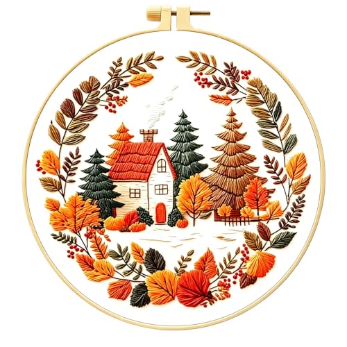Zhenqing Autumn Cottage Squirrel Embroidery Kit for Beginners - 29x29cm Printed Fabric with Hoop & Full Tools (C0058)
