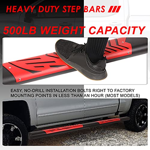 5 Inches Oval Step Nerf Bar Running Boards With Red Step Plate Compatible With Silverado Sierra 1500 2500Hd 3500Hd Crew Cab 19-22, Stainless Steel, Black Painted Finish #TOP3