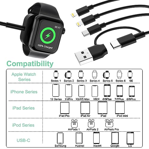 Travel 6-in-1 USB A+USB C SmartWatch Charger,Multi Universal Charger Cable Lightning*2+Type C Cord Adapter Combo for iWatch Series 8/7/6/5/4/3/2/SE/iPhone 14/13/12/11 Pro/Samsung/iPad/Huawei-1.8M/6FT