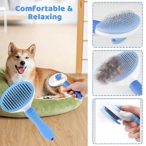Image of Qubccum 7pcs Pet Grooming Kit, Self-Cleaning Brush Shedding Kit with Nail Clipper, Flea Comb, Shampoo Bath Brush, Finger Toothbrush, Storage Bag (Blue)