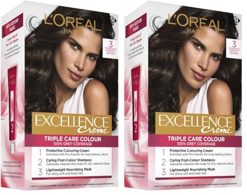 L'Oréal Paris Permanent Hair Dye, Strengthening & With Up To 100% Grey Coverage, Excellence, Dar (Pack of 2)