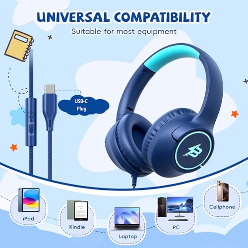 Image of USB C Headphones Wired for Kids, 85 /94dB Volume Limit With Mic, Navy Blue | Kid Headphones for School, Wired Over Ear USBC Plug in Corded Headphones for Boys Girl Toddler, iPad, Tablet, Airplane Travel
