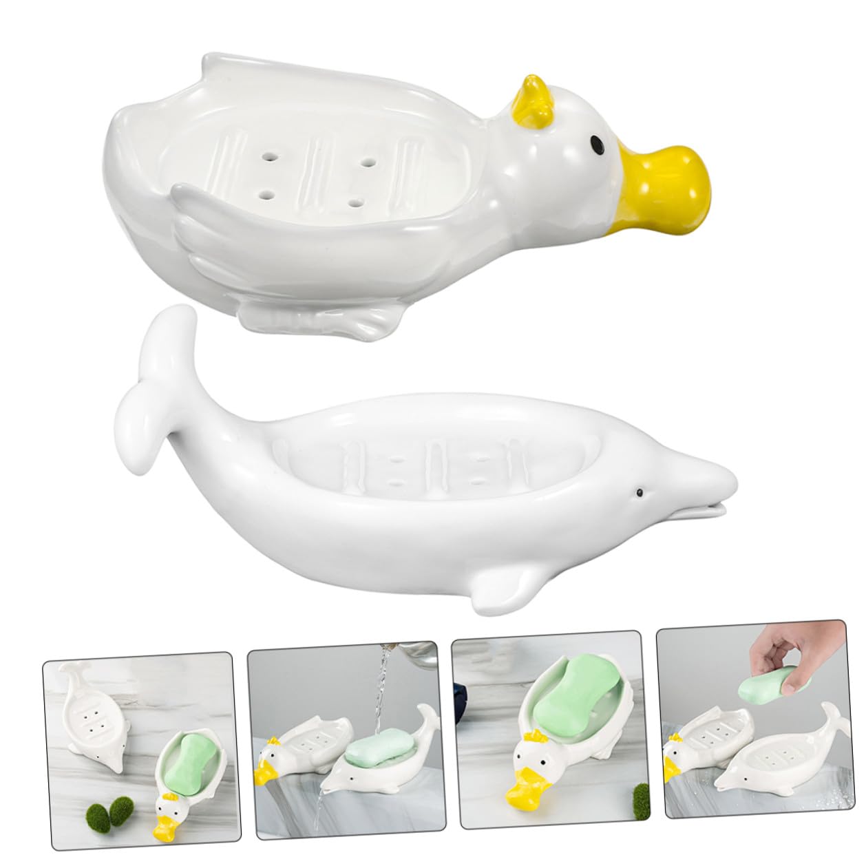 Seifenschale mit Wasserablauf aus Keramik in Delfinform 2 Stück und Geschenkidee und Schwammhalter für Badezimmer Dekoration